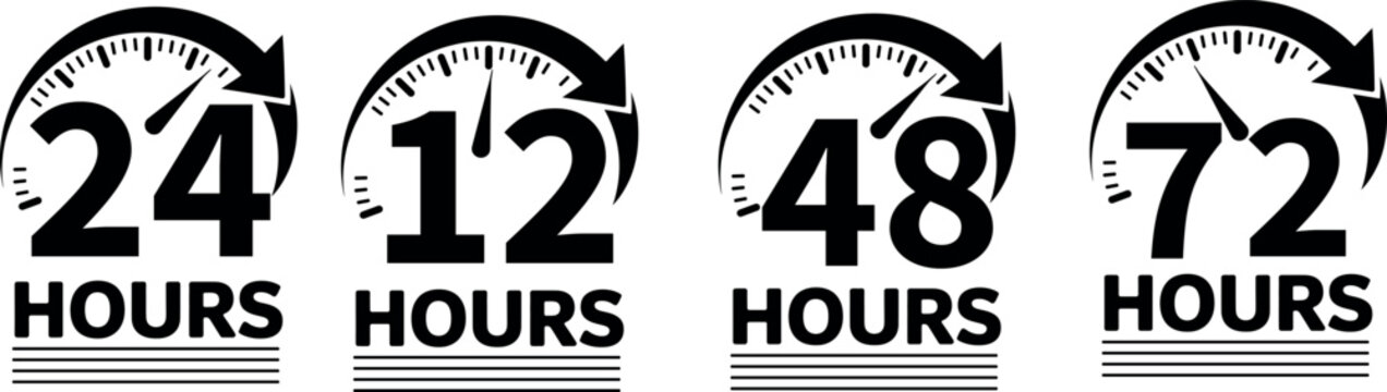 Clock graphics displaying different time durations of 24, 12, 48, and 72 hours