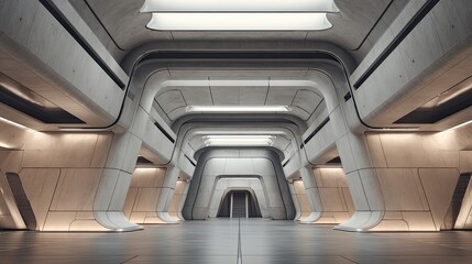 Obraz premium Clean futuristic studio environment, brushed concrete or ceramic surface, smooth neutral gradient backdrop, controlled top lighting with gentle shadow geometry, empty composition, science-led premium 