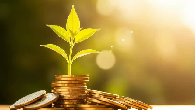 A small green plant grows from a stack of gold coins on a wooden surface with blurred greenery and sunlight in background