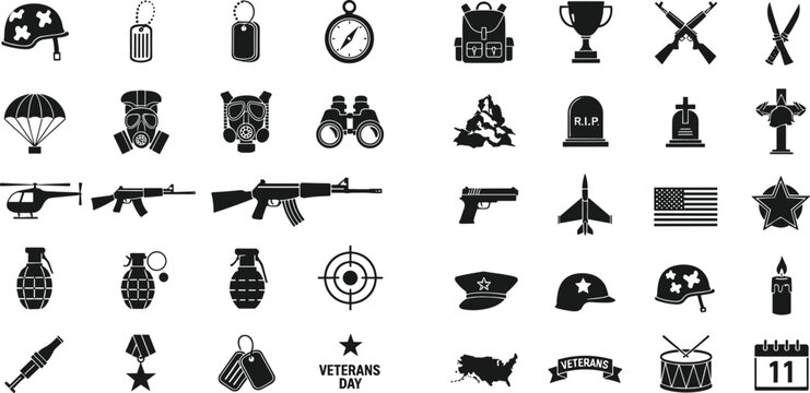 Black Military Icon Collection Featuring Weapons Soldier Gear Medals Vehicles and Veterans Day Symbols in Minimal Silhouette Vector Illustration Set