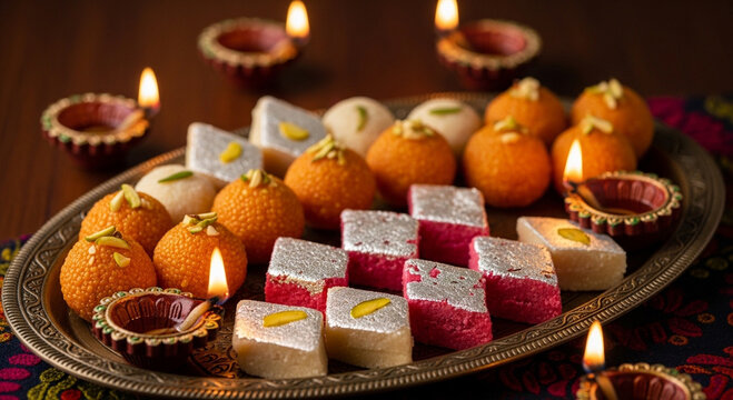 Assortment of Indian sweets and lit diyas on a decorative tray mithai laddu