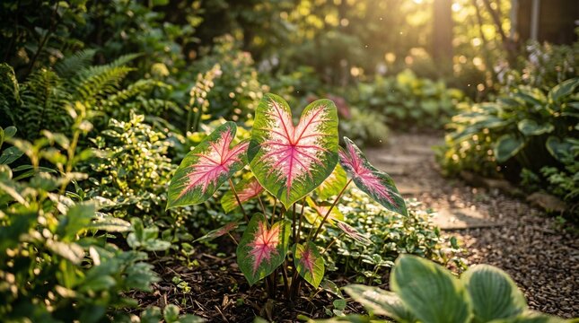 Decorative taro and yams from Caladium genus, highlighting horticultural use in outdoor and indoor settings