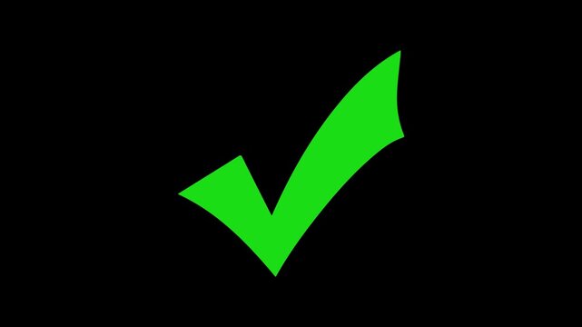 green check mark icon animated on a black background. tick symbol indicating correct answer and success. ৪. approved and verified green sign icon overlay on black background.