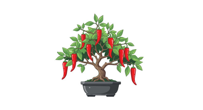 Bonsai Chili Pepper Tree Illustration in Pot