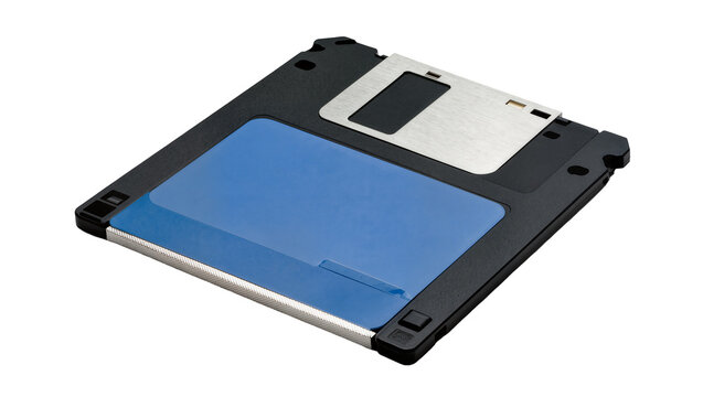 Black plastic 3 5 floppy disk, displaying a light blue data storage surface