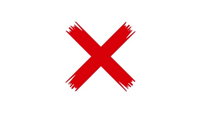 red cross mark animation with brush stroke texture on white background. red x sign for error wrong and rejection symbol, hand drawn style red cross mark animated.