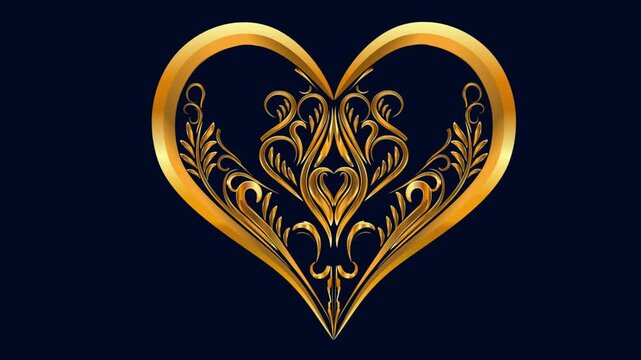 Elegant golden heart with intricate floral ornament animation on dark background. Perfect for romantic themes, wedding visuals, luxury branding, Valentine&rsquo;s Day and love concept videos.