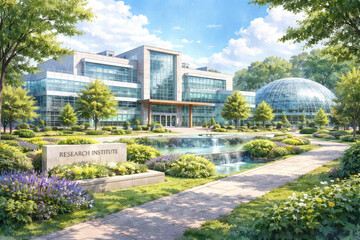 Fototapeta premium Modern research institute surrounded by greenery and water features.