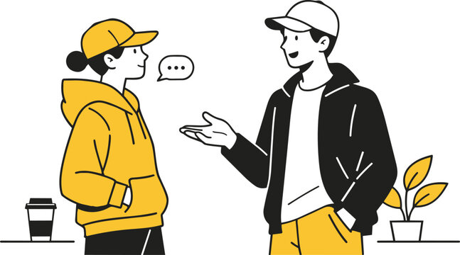 Two young men talking and having casual conversation flat vector illustration.