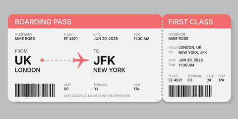 Boarding Pass Template with Barcode. Flat Vector Airline Ticket in Coral  © Hannet