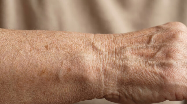 Skin uv damage layers wrinkle hand arm closeup texture mature hand and arm skin closeup showing uv damage with visible layers and wrinkle detail in natural light conveying aging and care needs