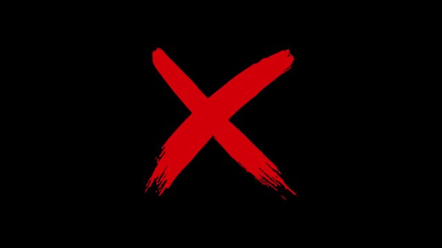 simple red cross mark icon animation on black background, animated red cross symbol for rejection and incorrect choice. warning and stop sign on black screen.