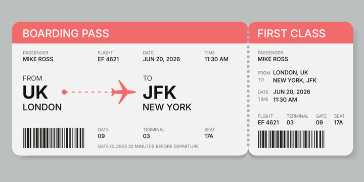 Boarding Pass Template with Barcode. Flat Vector Airline Ticket in Coral 