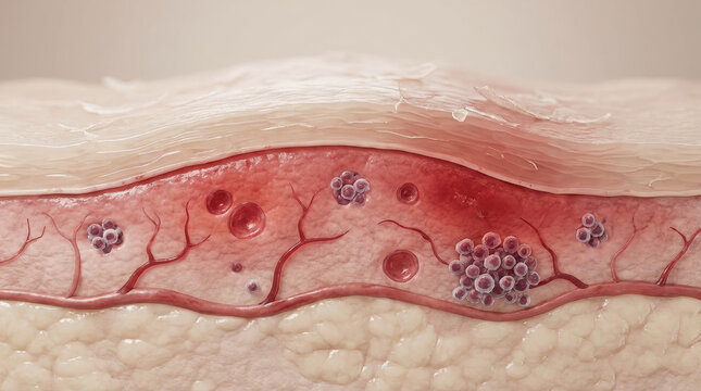Uv damage skin layers close up anatomy medical illustration shows skin layers with uv damage causing redness swollen tissue blood vessel and cellular cluster conveying concern about irritation