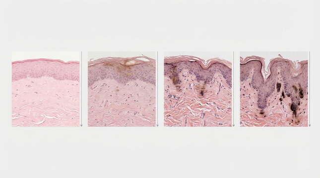 Uv damage skin layers epidermis dermis melanin microscope tissue section showing skin layers with uv damage and melanin change across epidermis and dermis for medical dermatology education