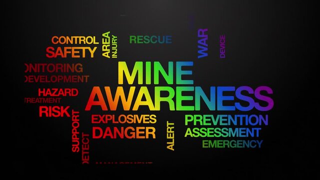 Mine awareness concept Animated Tag Word Cloud kinetic typography, Text Design Animation typography seamless loop video motion graphics Intro Wordart rainbow type on black background backdrop bg