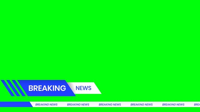 breaking news overlay with green screen background, bold blue and white lower third banner, ticker text, and live broadcast elements for video production.