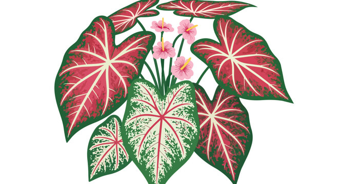 Illustration of Vibrant Caladium Plant with Red and Green Heart-Shaped Leaves