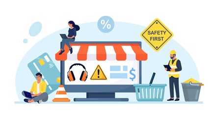 Naklejka premium OSHA online service, platform. Occupational safety regulations health inspection. Personal Protective Equipment. Online PPE store with protective clothing, safety footwear, gloves, first aid solutions