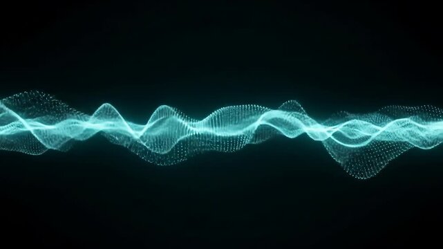 A mesmerizing digital waveform with glowing, electric blue lines and nodes forms a wavy pattern on a stark black background