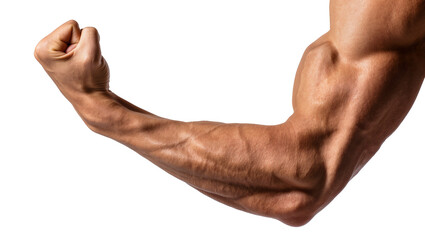 Naklejka premium Muscular tanned arm flexing, displaying defined bicep and forearm strength