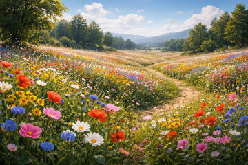 Obraz premium A vibrant field of colorful wildflowers under a blue sky.