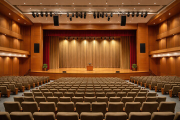 Naklejka premium Interior view of a spacious auditorium with empty seats and a stage.
