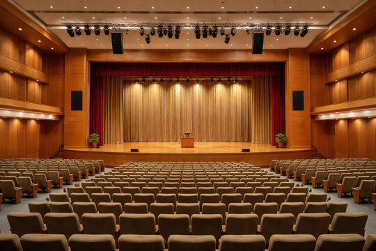 Interior view of a spacious auditorium with empty seats and a stage.