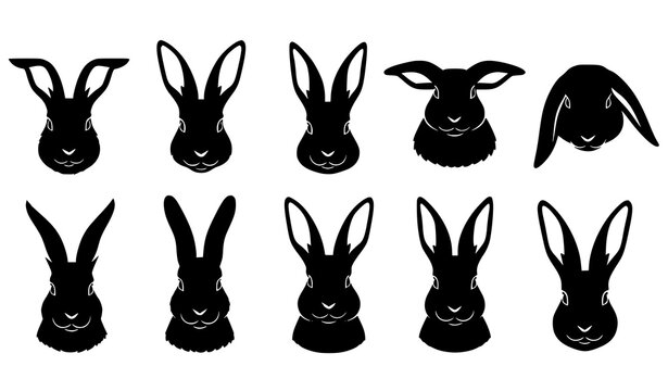 Black rabbit head silhouettes collection minimalist vector set