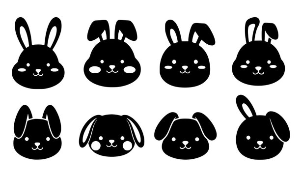 Cute rabbit head silhouettes collection simple vector set