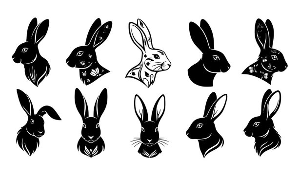 Stylized rabbit head silhouettes elegant vector icon set