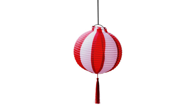 Red pink striped paper lantern hanging, adorned with a long red tassel