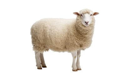 Obraz premium Fluffy cream-colored sheep standing, gazing forward with pink nose
