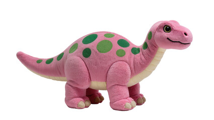 Naklejka premium Plush pink dinosaur toy, displaying green polka dots and soft texture