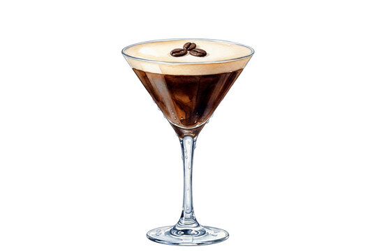 isolated watercolor illustration of a classic espresso martini cocktail with coffee beans on a transparent background