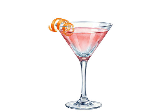 isolated watercolor illustration of a pink cosmopolitan cocktail with an orange twist on a transparent background
