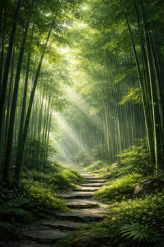 A serene bamboo forest with sunlight filtering through the trees.