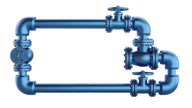 Blue metallic industrial pipe system, forming a rectangular frame with valves