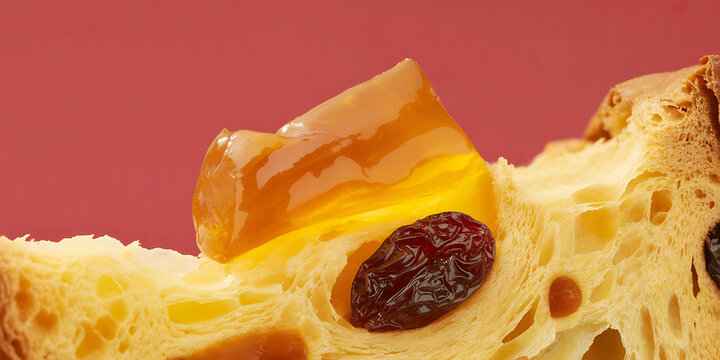 Closeup of sweet bread with raisins and honey on a red background