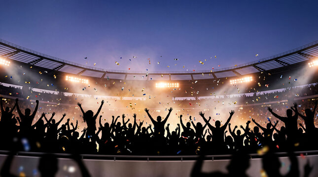 Excited crowd of fans cheering in a brightly lit stadium with confetti falling during a night event.