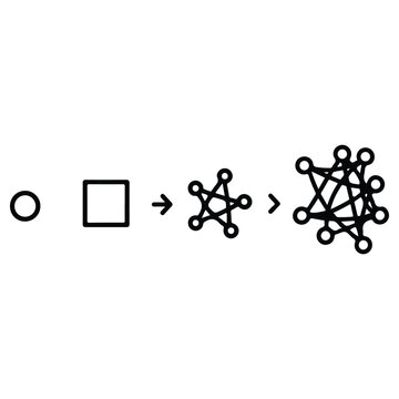 Evolution of Complexity Icon Showing Basic Shapes Transforming into Intricate Network Nodes Representing Machine Learning Data Processing and Artificial Intelligence Development Concept