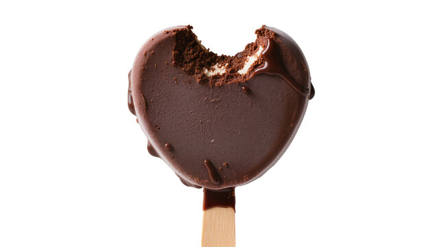 Chocolate covered heart shaped cake pop missing a bite, attached to a wooden stick