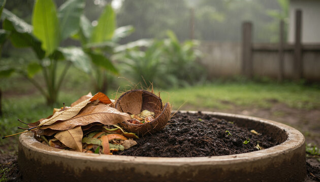 Backyard compost pit with organic waste in Kerala village setting
