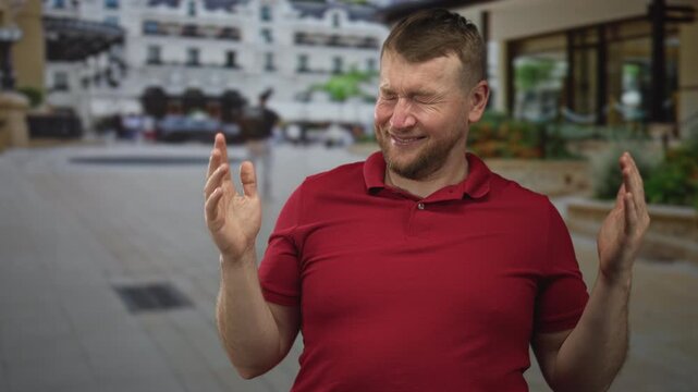Man hands raised smiling in street plaza wearing red polo, palms visible, beard and closed eyes; contentment ease.