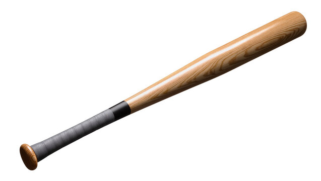 Wooden baseball bat with black grip tape, displaying grain texture and light reflections