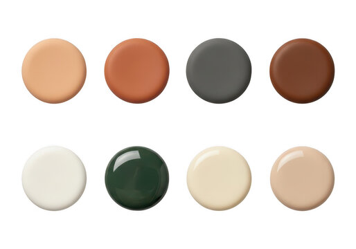 A collection of eight circular swatches featuring a diverse range of makeup foundation shades