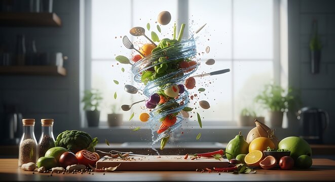 A vibrant kitchen scene with a colorful tornado of vegetables and fruits suspended in mid-air.