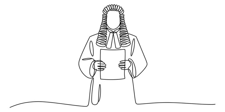A single continuous line drawing of a judge wearing a traditional wig and robe holding a document Vector, illustration