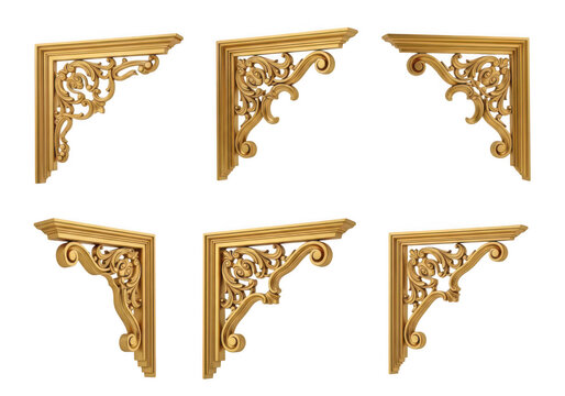 A collection of ornate gold architectural corbels featuring intricate scrollwork and floral motifs