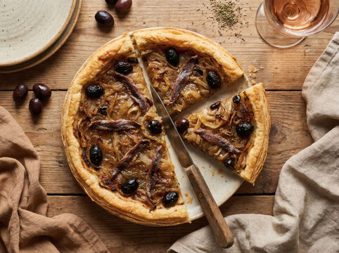 Pissaladi&egrave;re Onion Tart with Anchovies on Rustic Wooden Table Flat Lay